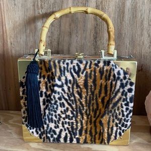 Cigar box leopard print with bamboo handle women purse